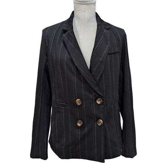 LIKE NEW Heartloom Women's Black Pinstripe Double Breasted Blazer Size M - Picture 2 of 12